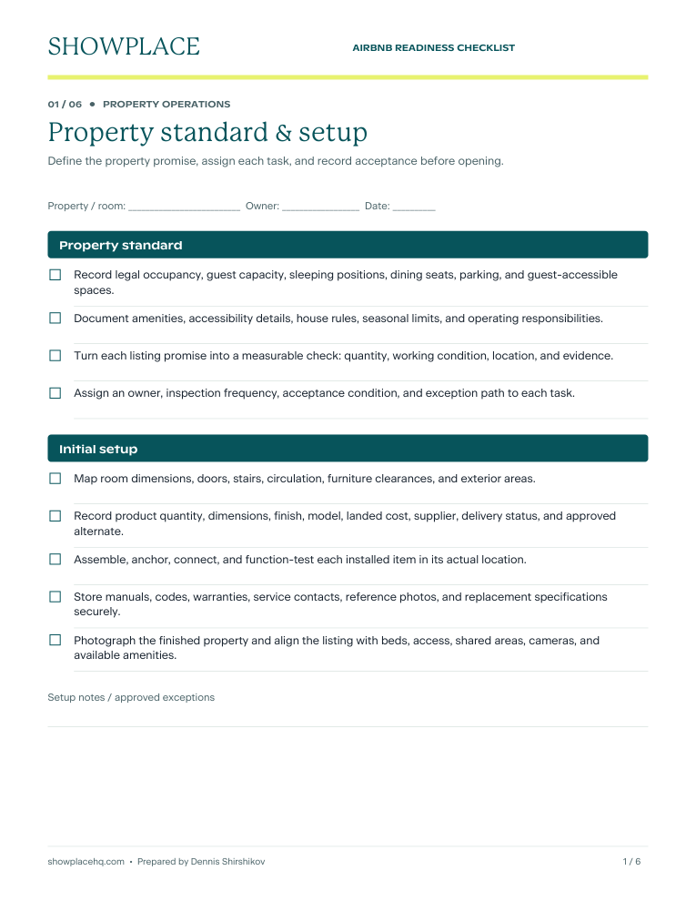 First page of the Showplace Airbnb checklist PDF with property standard and initial setup checkboxes
